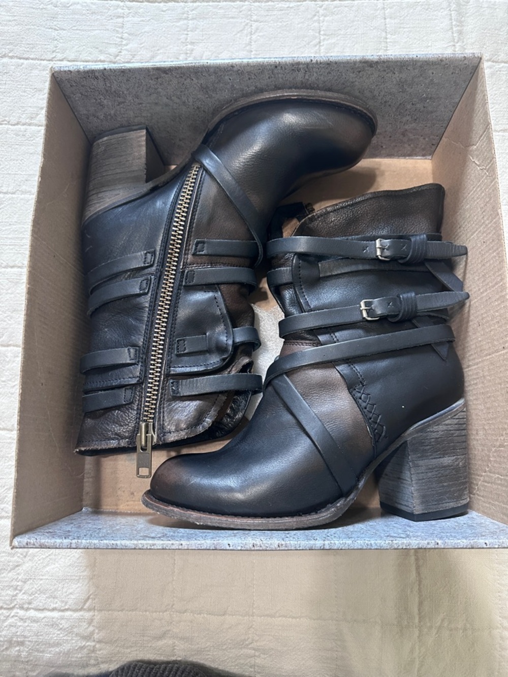 Freebird by Steven Black Leather Strappy Ankle Boots